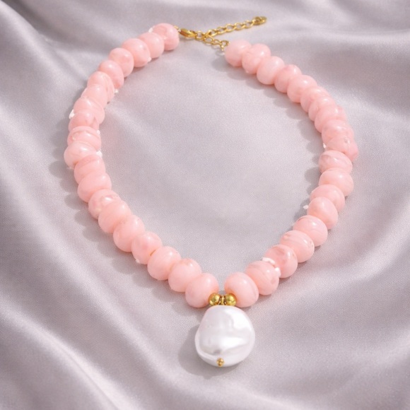 Anthropologie Jewelry - Luxury Blush Pink Gemstone Necklace with Baroque Pearl Pendant